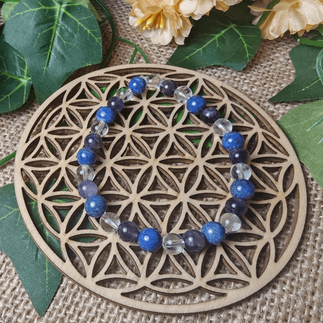 Bracelet 6mm amethyste, lapis lazuli et cristal de roche